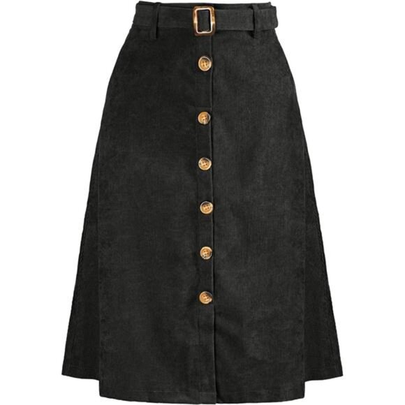 Womens High Waist Button Front A-Line Skirt Black - Picture 1 of 5
